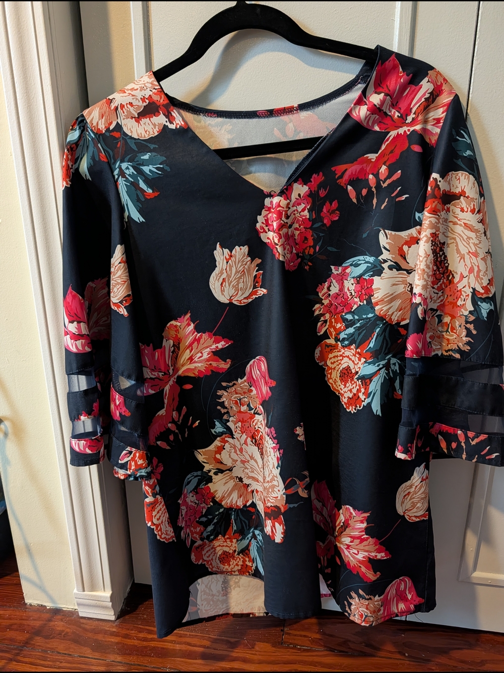 Women's Navy Floral V-Neck Blouse with Pink & Cream Blooms